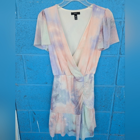 AQUA WOMEN'S Pastel Tie-Dye Wrap Dress STRETCH V NECK RUCHED Sz S - Picture 1 of 6